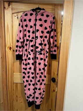 Tipsy Elves Pink and Black Heart Fleece Onesie